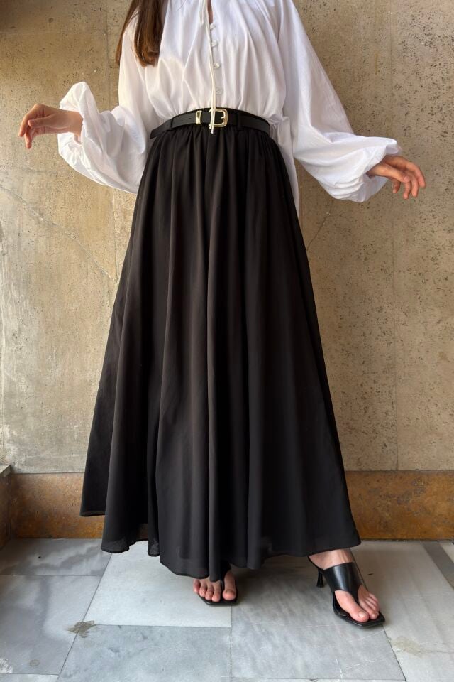 Siyah Ceinture Kemerli Keten Etek