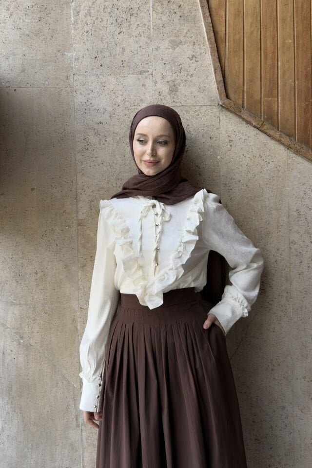 Krem Volanlı Lucienne Gofre Gömlek