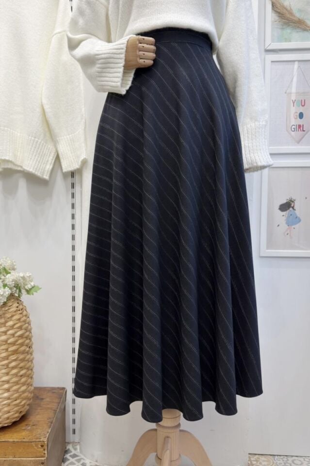 Lacivert Çizgili Opaline Etek