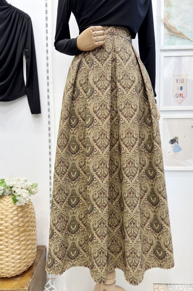 Yağ Yeşili Etnik Desenli Pileli Etek