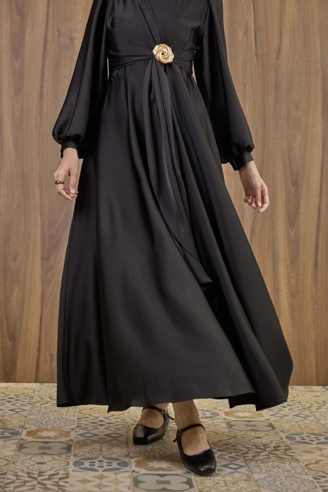 Siyah Goldine Saten Abiye