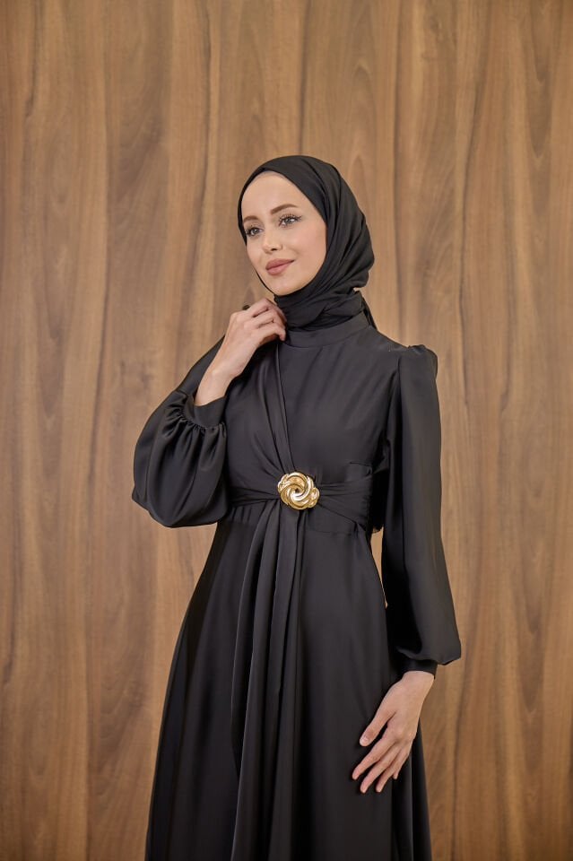 Siyah Goldine Saten Abiye