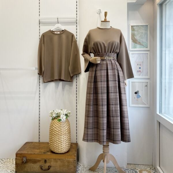 Deri Kemerli Ekoseli Camel Etek