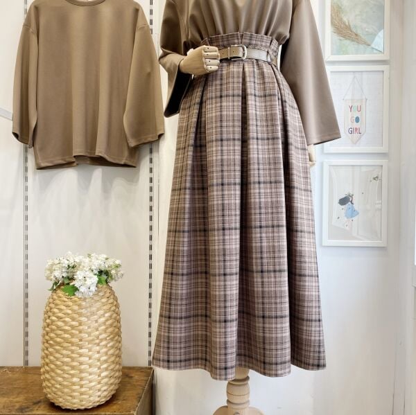 Deri Kemerli Ekoseli Camel Etek