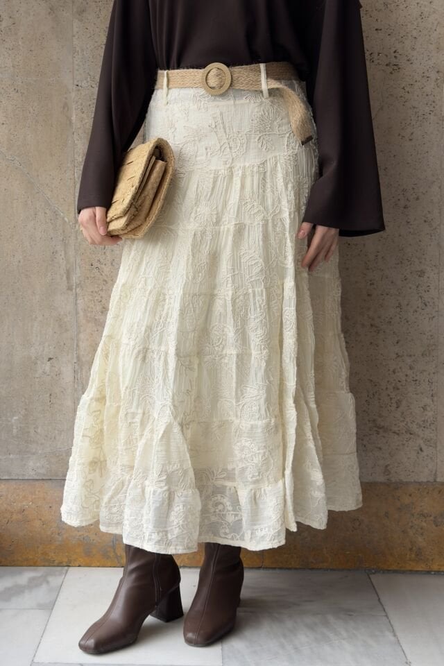 Hasır Kemerli Dantel Etek