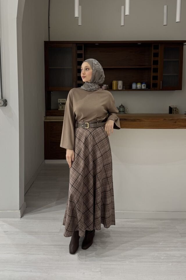 Camel Ekose Desenli Loom Etek