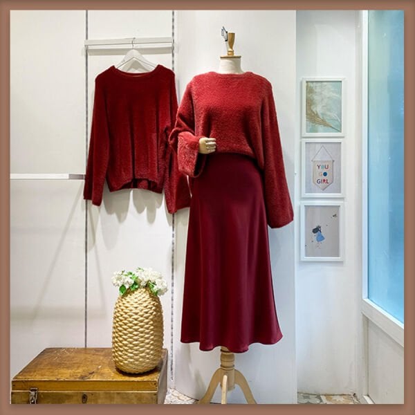 Bordo saten etek