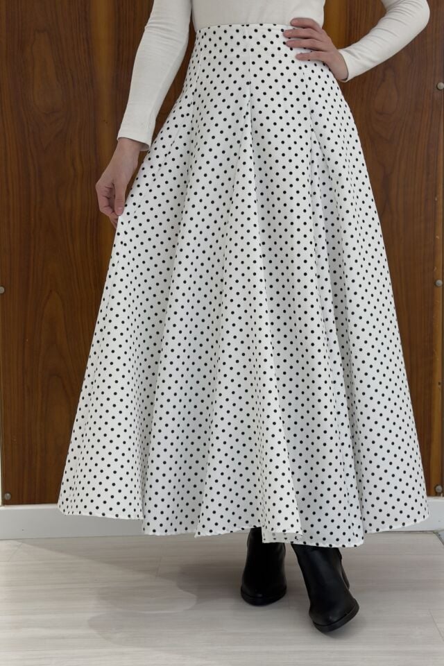 Beyaz Puantiye Desenli Vintage Etek