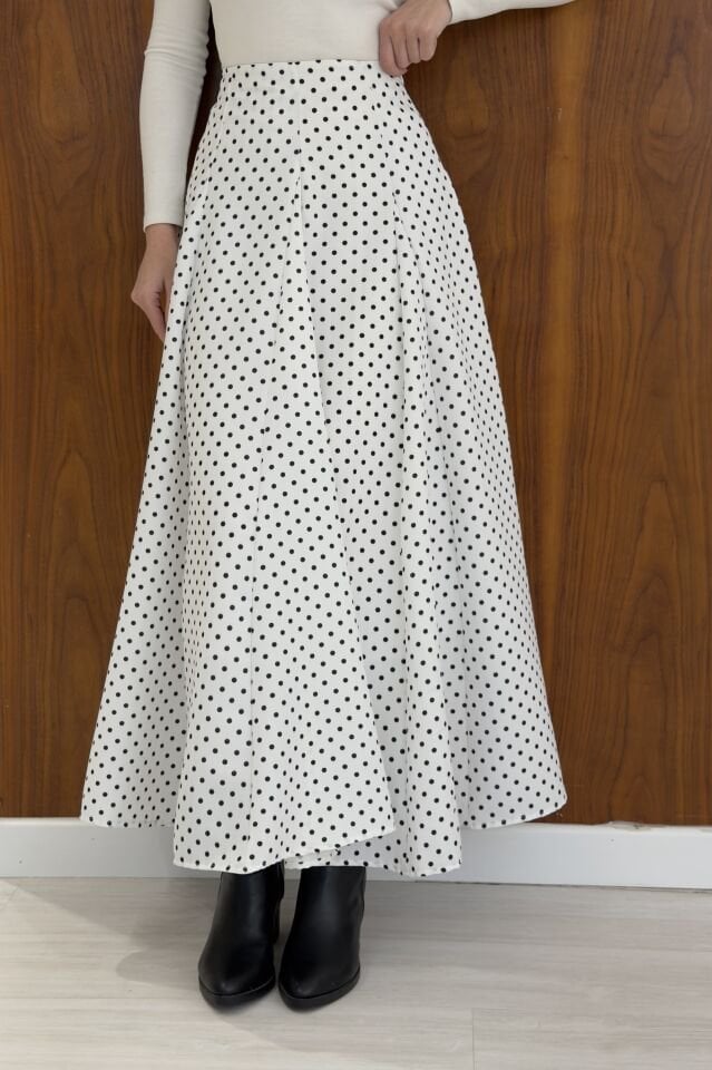 Beyaz Puantiye Desenli Vintage Etek