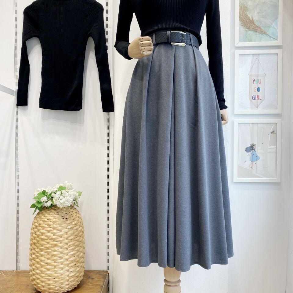 Gri Pileli Kemer Detaylı Poliviskon Etek