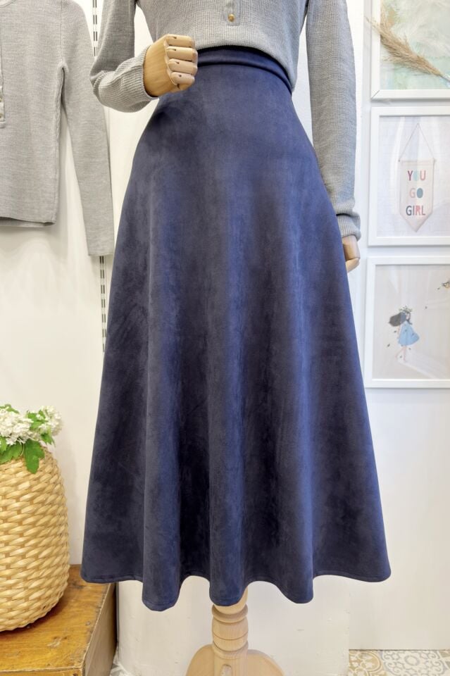 Gece Mavisi Kloş Model Süet Etek