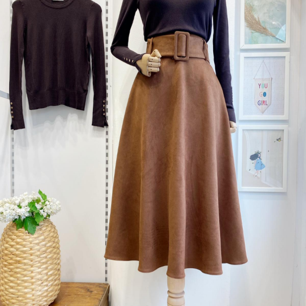 Taba Geniş Kemerli Süet Etek