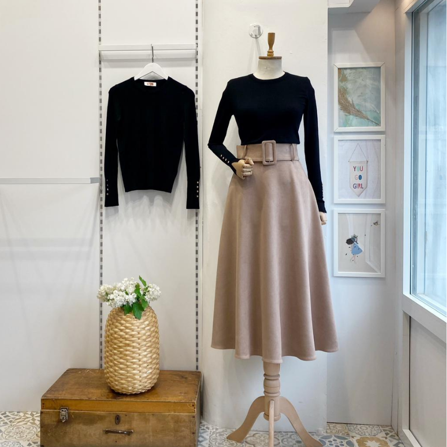 Bej Geniş Kemerli Süet Etek