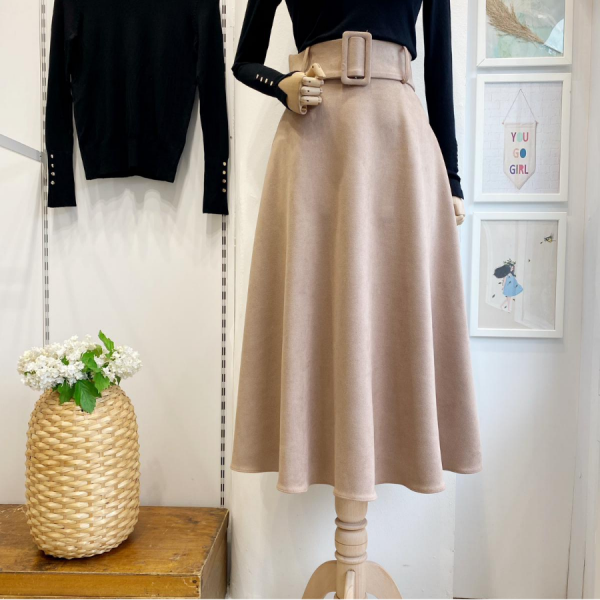 Bej Geniş Kemerli Süet Etek