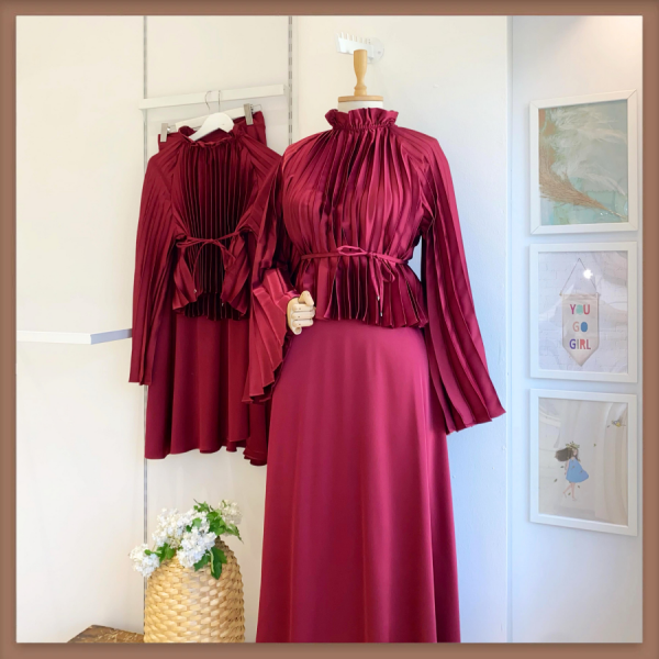 Pile Bluzlu Saten Bordo Takım