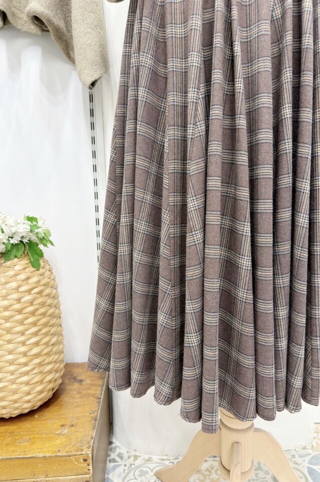 Moka Kahverengi Deri Kemerli Ekoseli Grazia Etek