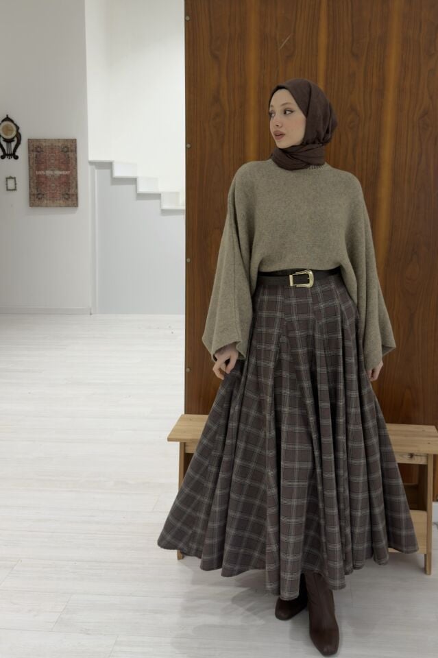 Moka Kahverengi Deri Kemerli Ekoseli Grazia Etek