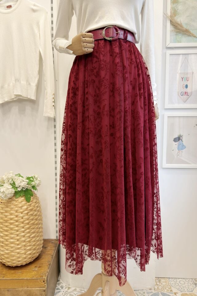 Bordo Çiçek İşlemeli Flog Baskı Tül Asimetrik Etek