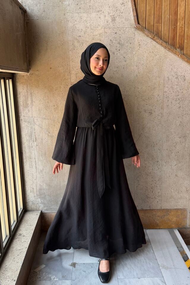 Siyah Önü Düğmeli Fiora Elbise