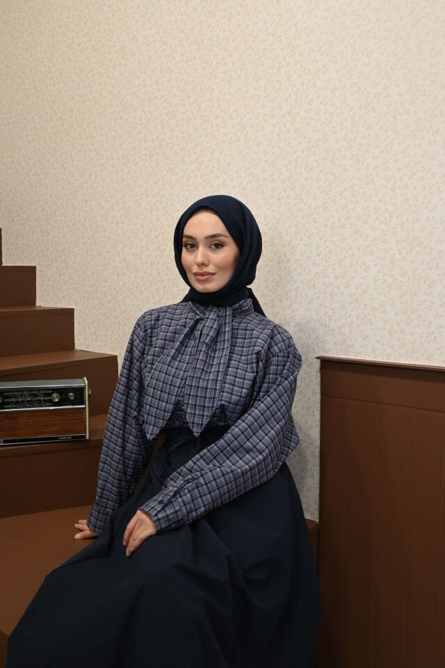 Lacivert Mini Ekose Desenli Viskon Gömlek