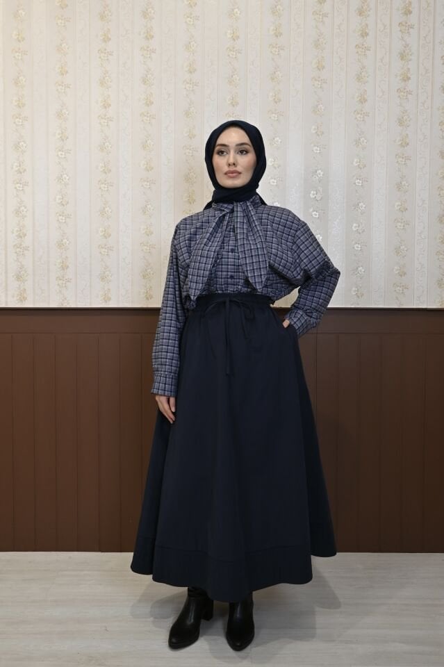 Lacivert Mini Ekose Desenli Viskon Gömlek