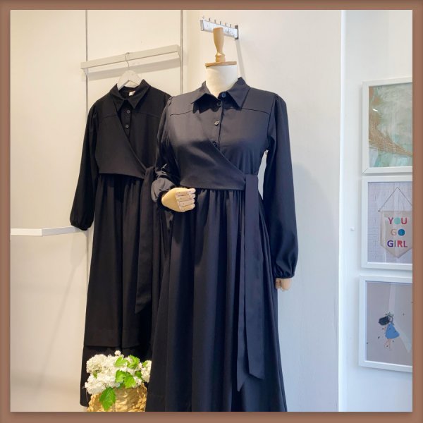 Gabardin Crop Detaylı Siyah Elbise
