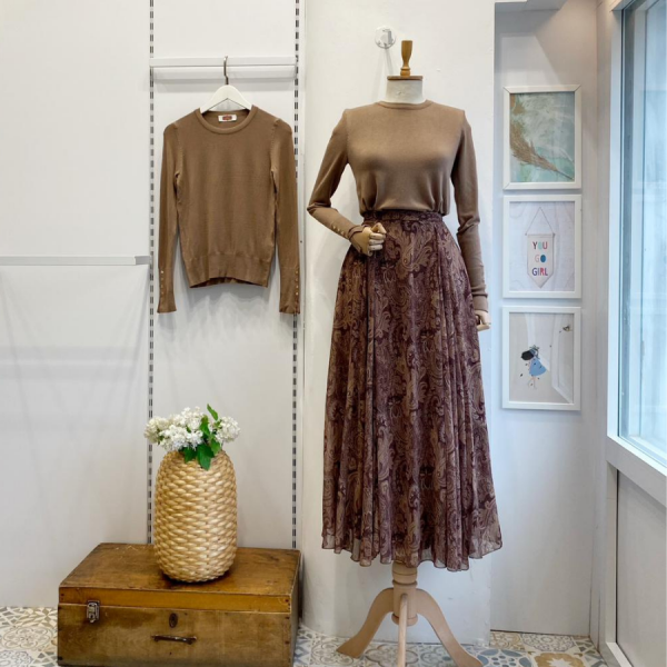 Şal Desenli Acı Kahve Şifon Etek