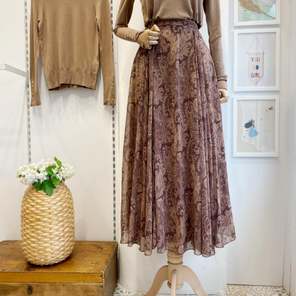 Şal Desenli Acı Kahve Şifon Etek