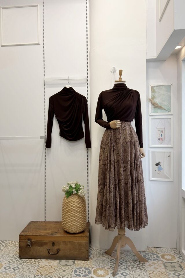 Şal Desenli Acı Kahve Şifon Etek