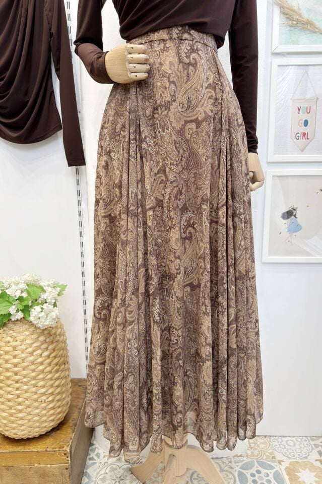 Şal Desenli Acı Kahve Şifon Etek