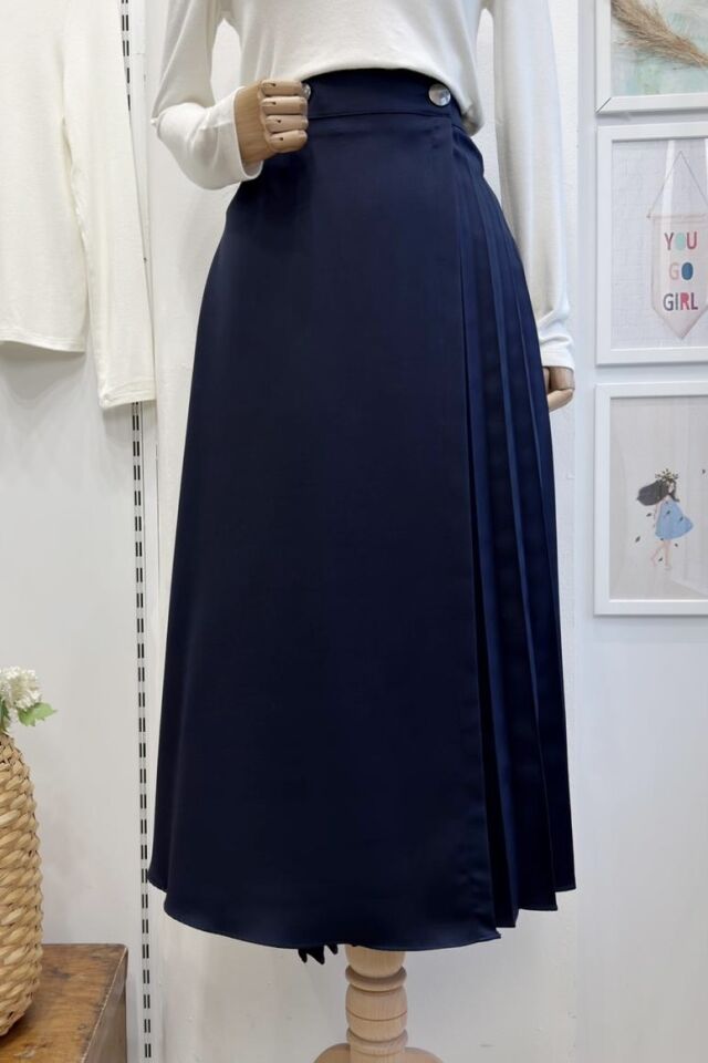 Lacivert Pilise Detaylı Düğmeli Anvelop Etek