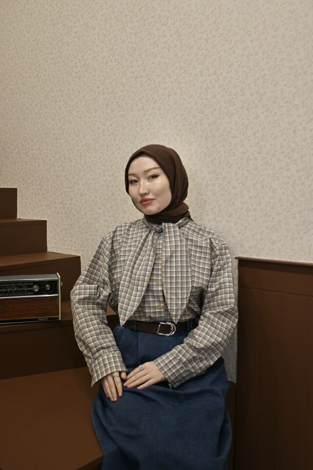 Mavi Mini Ekose Desenli Viskon Gömlek