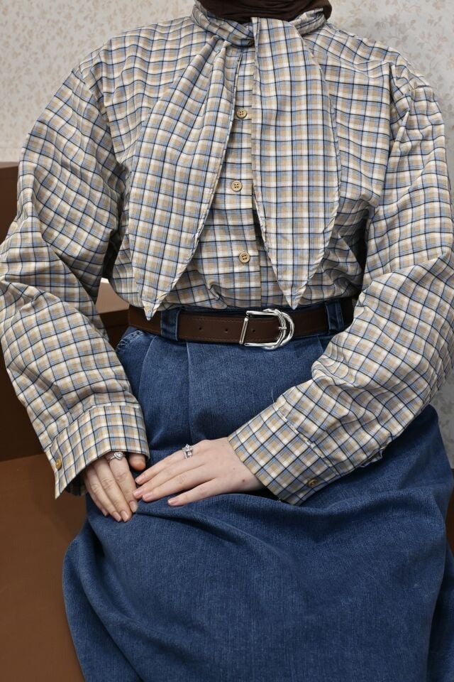 Mavi Mini Ekose Desenli Viskon Gömlek