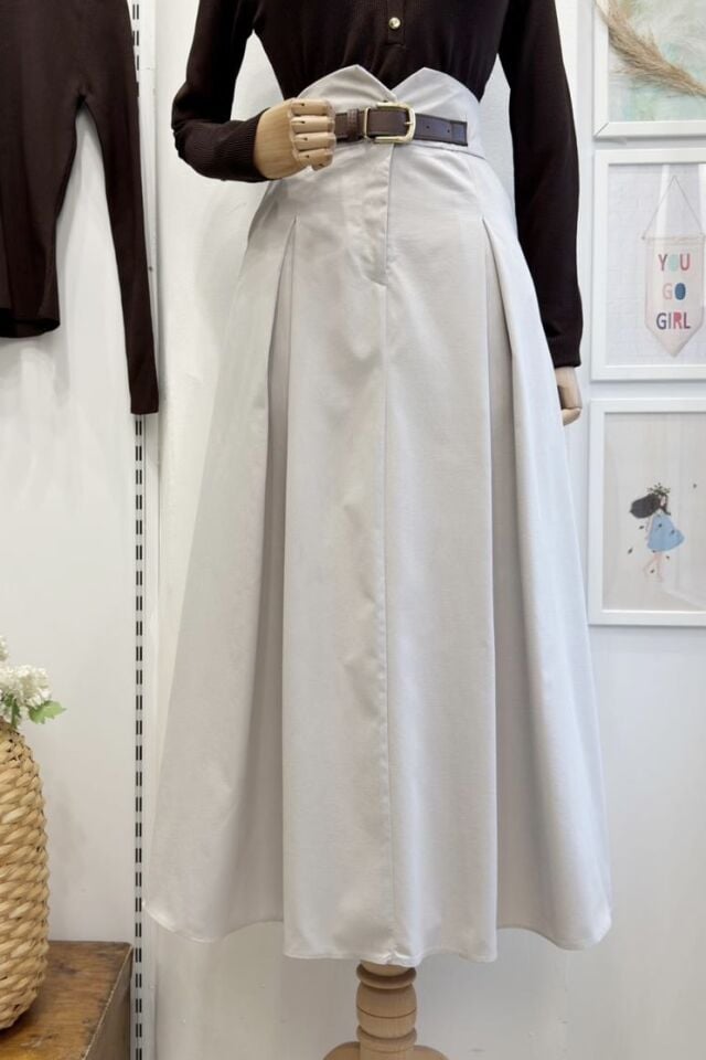 Krem Kemer Detaylı Maribel Etek