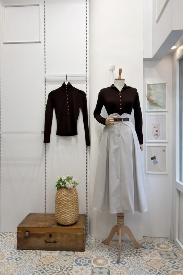 Krem Kemer Detaylı Maribel Etek