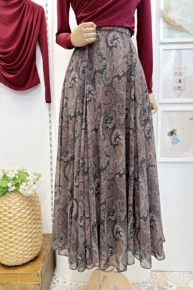 Şal Desenli Siyah Şifon Etek