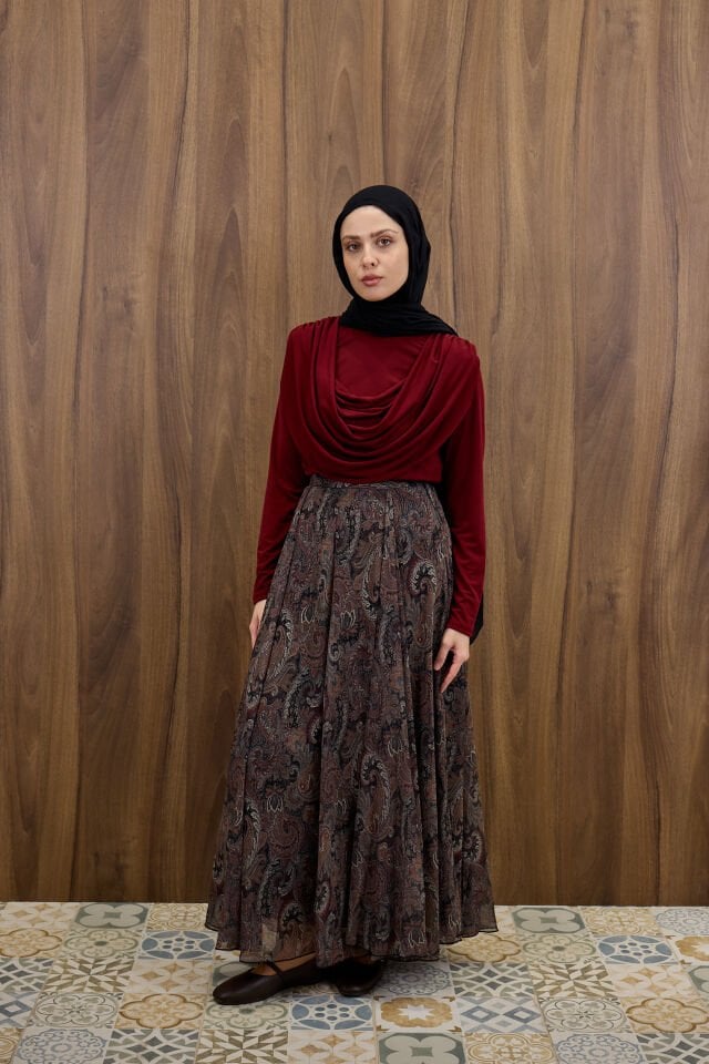 Şal Desenli Siyah Şifon Etek