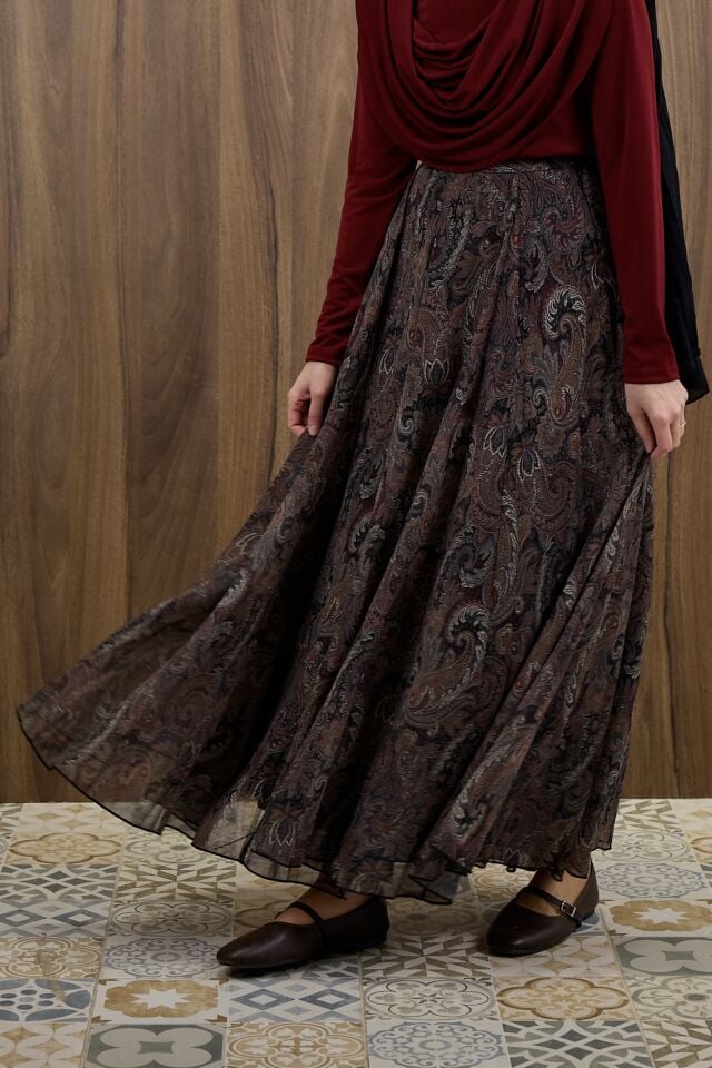 Şal Desenli Siyah Şifon Etek