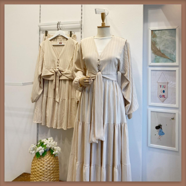 Krem Bağcık Detaylı Balon Kol Gofre Takım