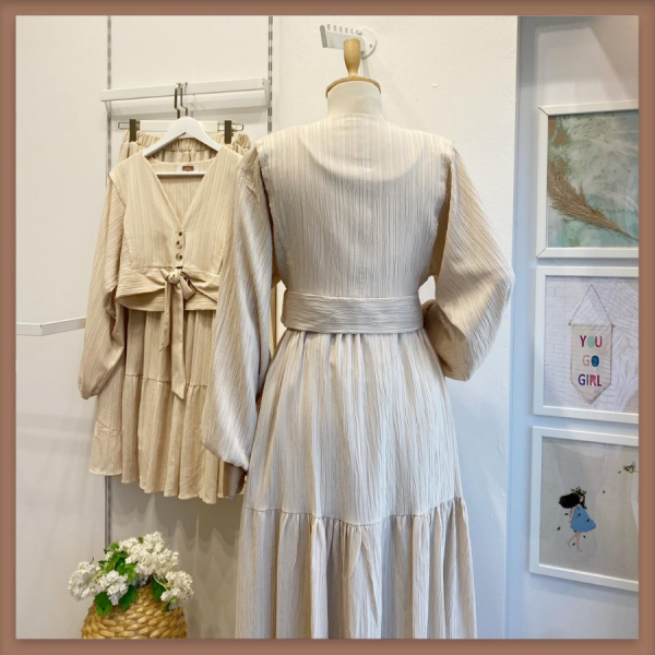 Krem Bağcık Detaylı Balon Kol Gofre Takım