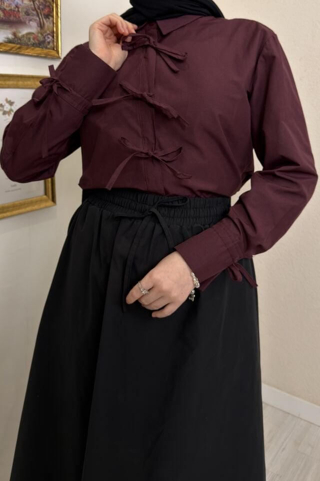 Bordo Kurdele Detaylı Poplin Gömlek