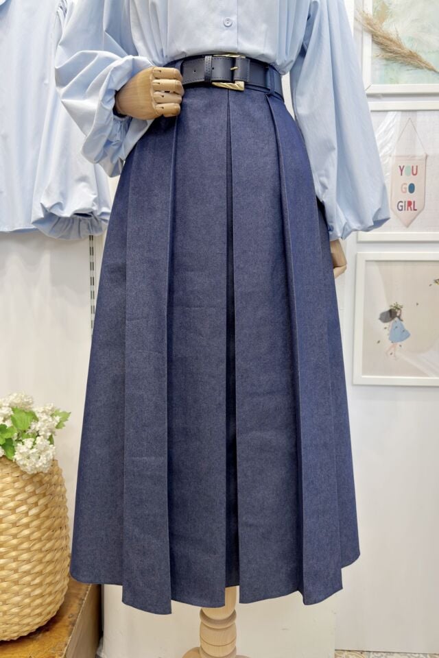 Lacivert Kalın Pileli Kemer Detaylı Sunrise Etek