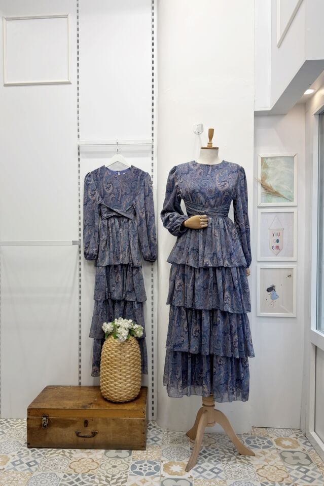 Mavi Şal Desenli Kat Kat Elbise