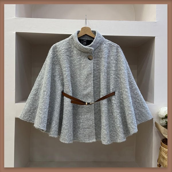 Gri deri kemerli yün pelerin ceket