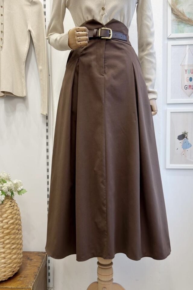 Kahverengi Kemer Detaylı Maribel Etek