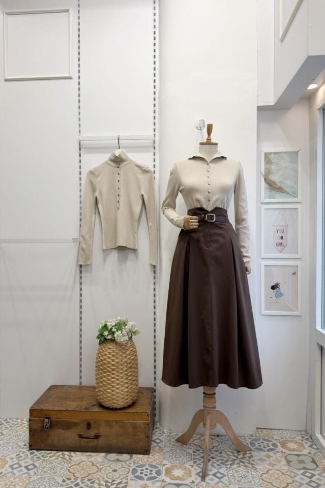 Kahverengi Kemer Detaylı Maribel Etek