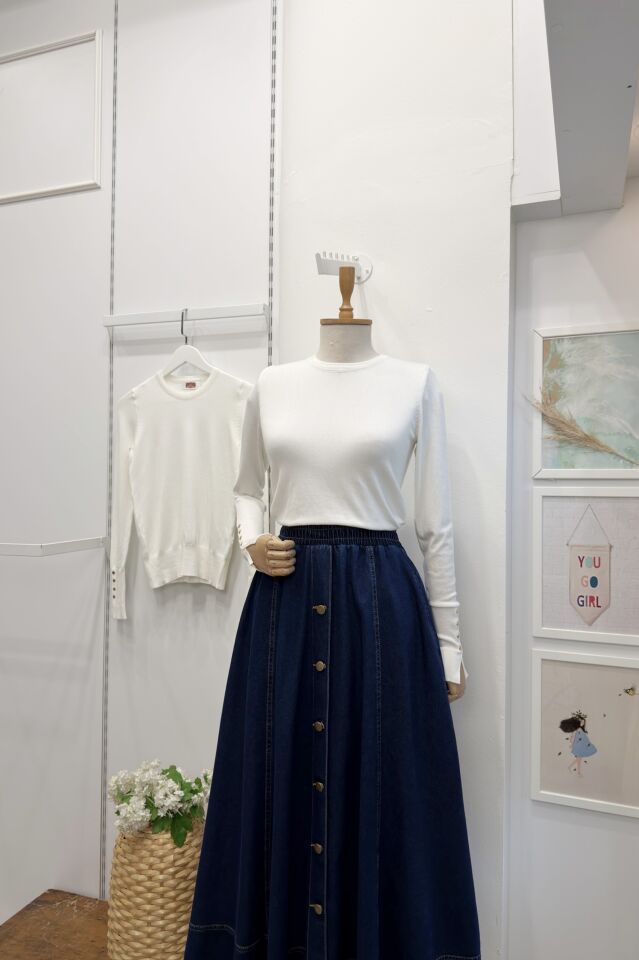 Ekru Bisiklet Yaka Kol Ortası Droplu Triko Bluz