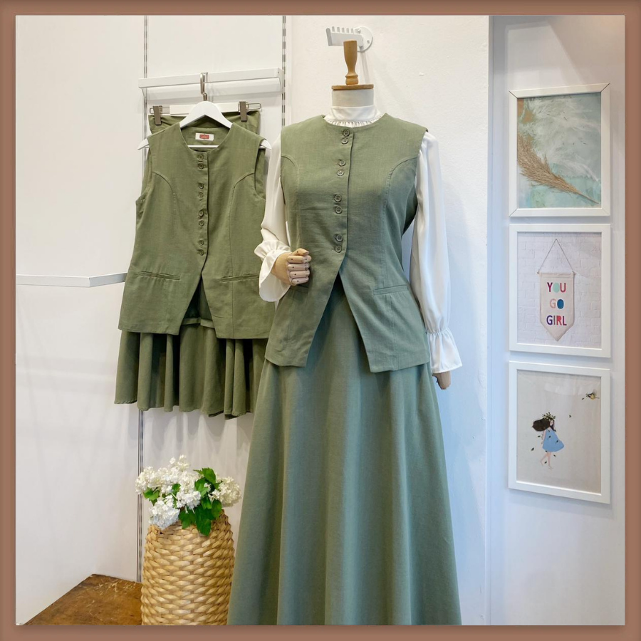 Haki Yeşili Petal Keten Yelekli Takım