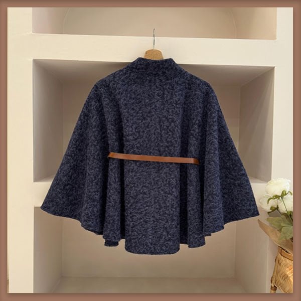 Lacivert deri kemerli yün pelerin ceket