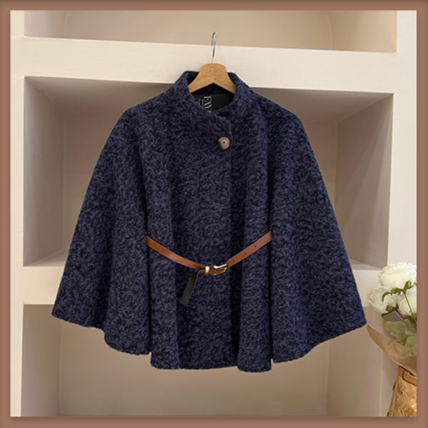 Lacivert deri kemerli yün pelerin ceket